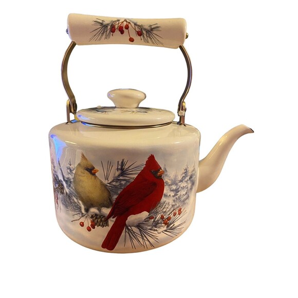 Vintage Lenox Winter Greetings Enamelware Teapot Cardinal & Chickadee